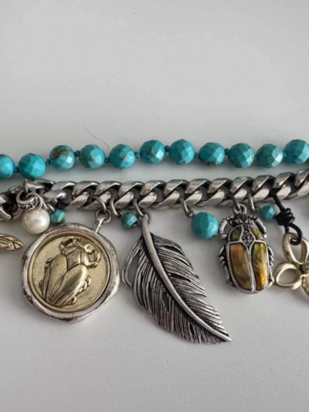 NWT Fossil Long Live Vintage Insect Scarab Turquoise Charm Toggle Bracelet 7.5"